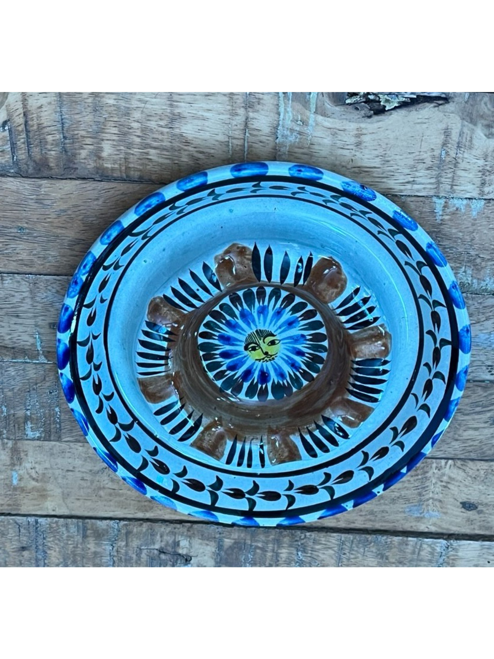 Tonala Mexican Pottery Folk Art Cat Round Ashtray 7.5" Blue & Brown Hand-Painted